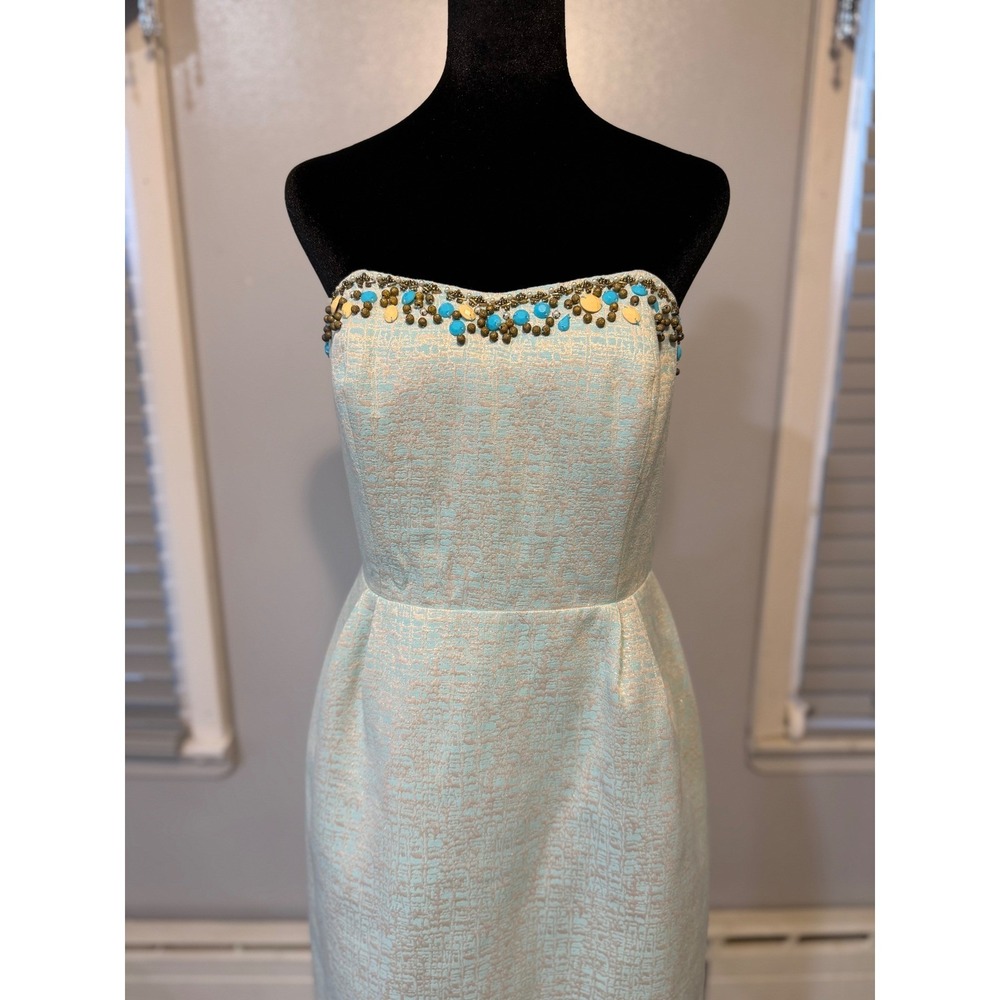 Lilly Pulitzer Strapless Beaded Cocktail Dress Aqua Gold Wedding Guest Party - Picture 3 of 12